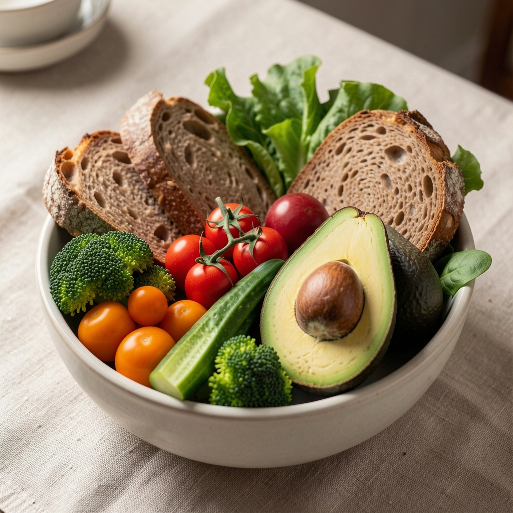 Schüssel mit frischem Gemüse, Vollkornbrot und Avocado, natürliches Licht, editoriale Aufnahme